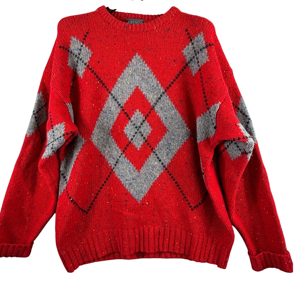 VINTAGE Agenda Men's XL 100% Shetland Wool Red Argyle Sweater Donegal Speckled